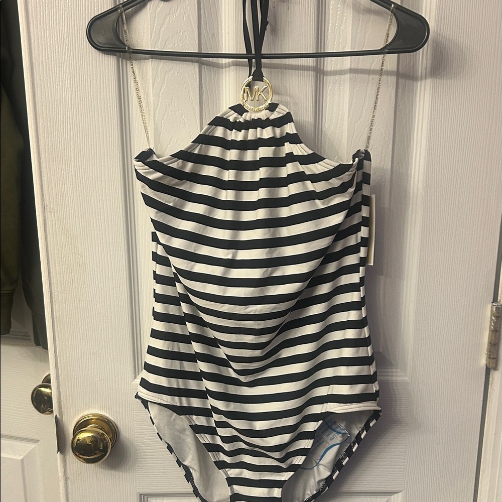Michael Kors Black and White Striped Swimsuit